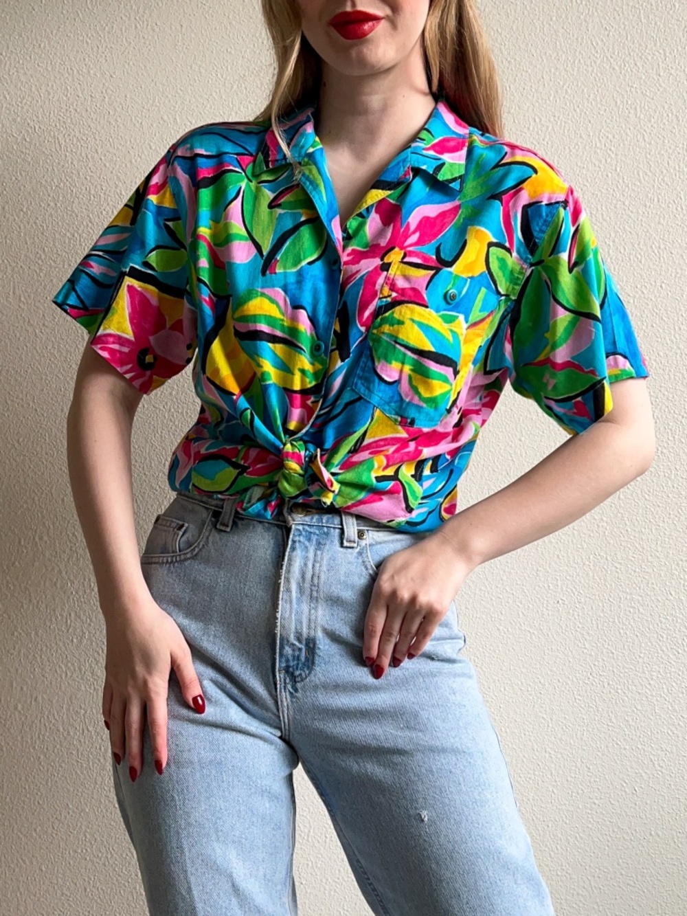 Vintage 1980s Turquoise Tropical Print Button Down (M/L)